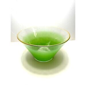 BLENDO Large Green Glass Punch Salad Serving Bowl Gold Rim